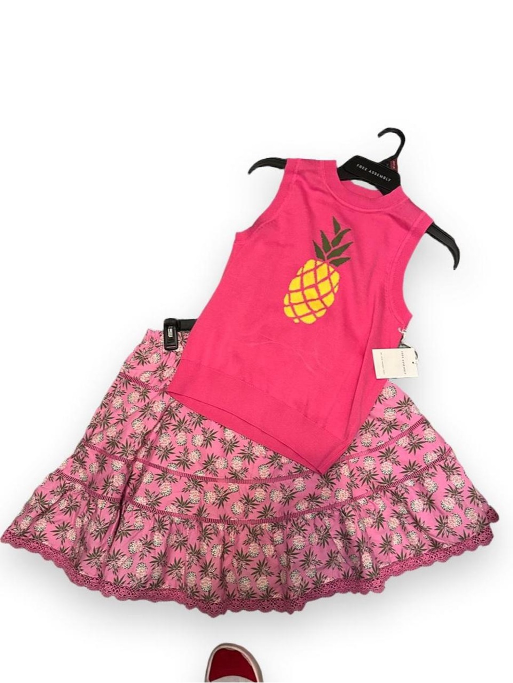 2 Piece Set! Hot Pink Pineapple Graphic Tank with Pink Pine Tiered Mini Skirt